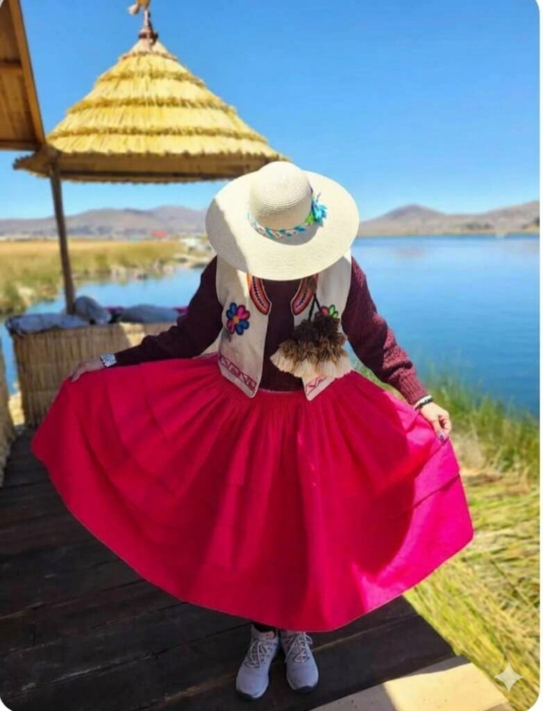 Experiencia lodge mujer con traje tipico de Uros
